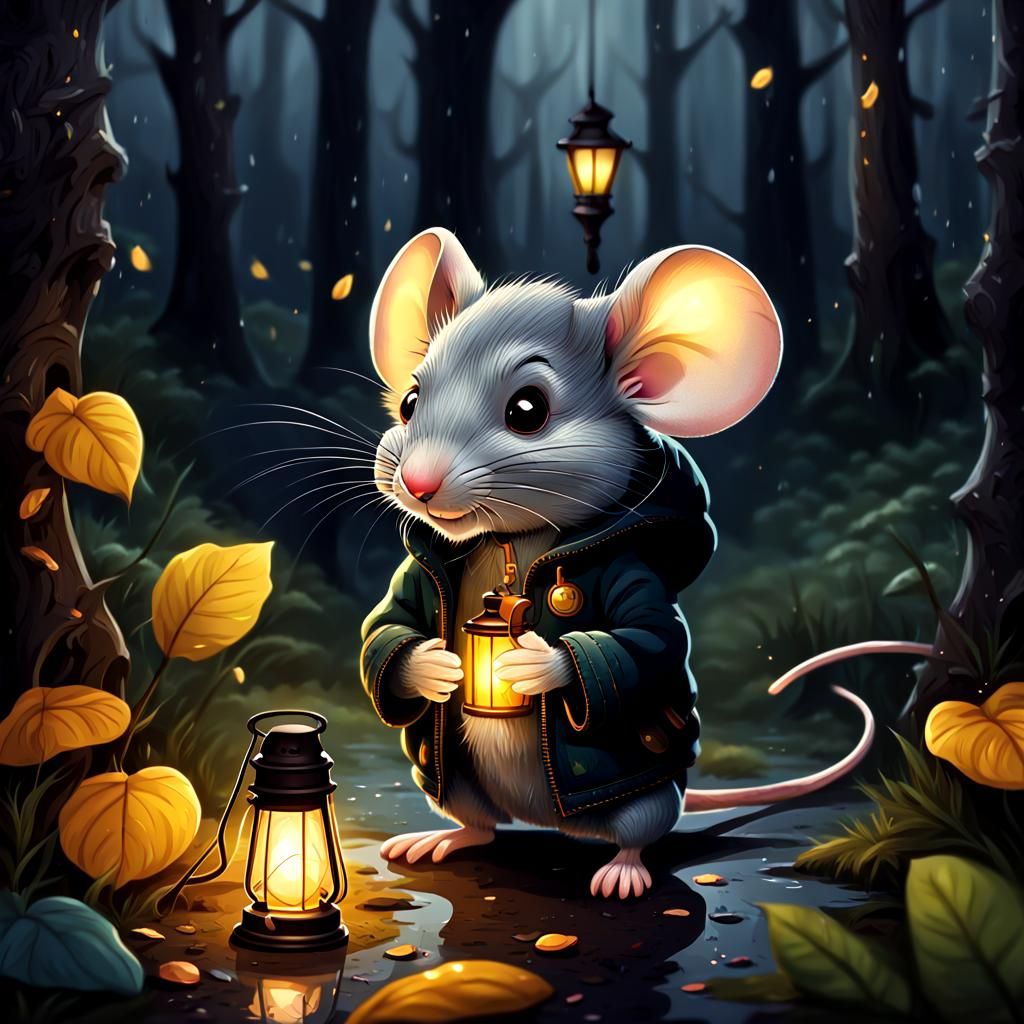 Mouse in Black Jacket in Rainy Forest