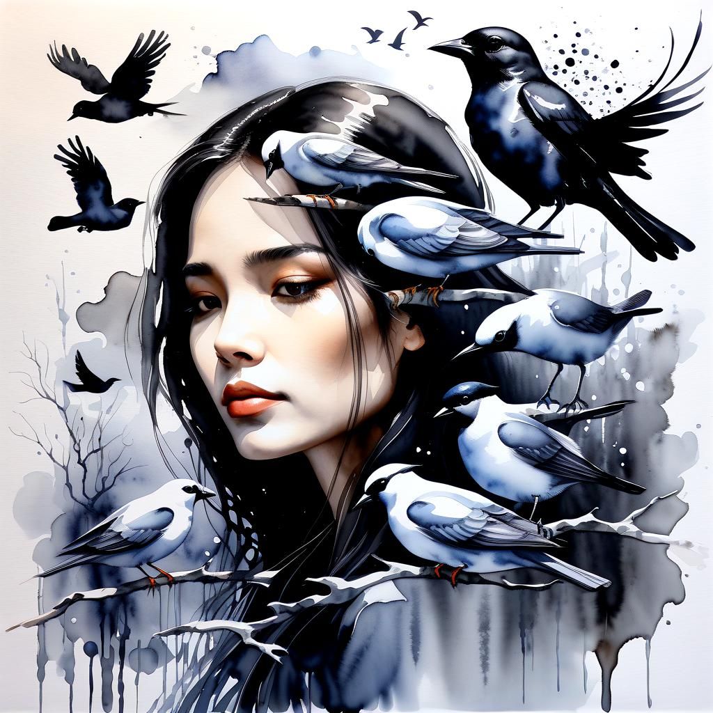 Woman and Birds in Watercolor Fantasy Art