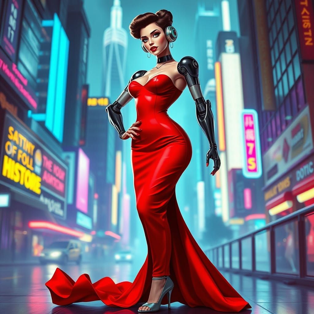 Sultry Cyberpunk Goddess in Red Evening Gown