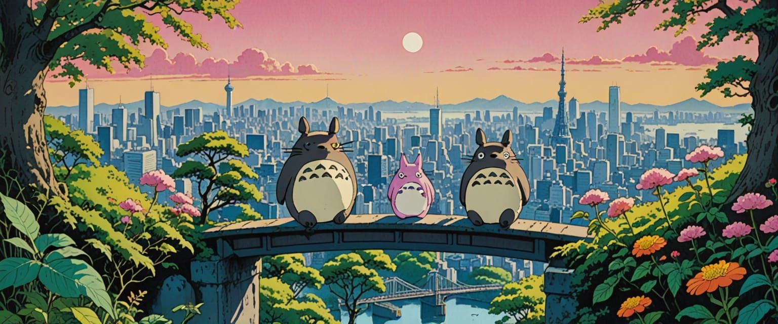 Totoro Overlooking Tokyo in Watercolor Style