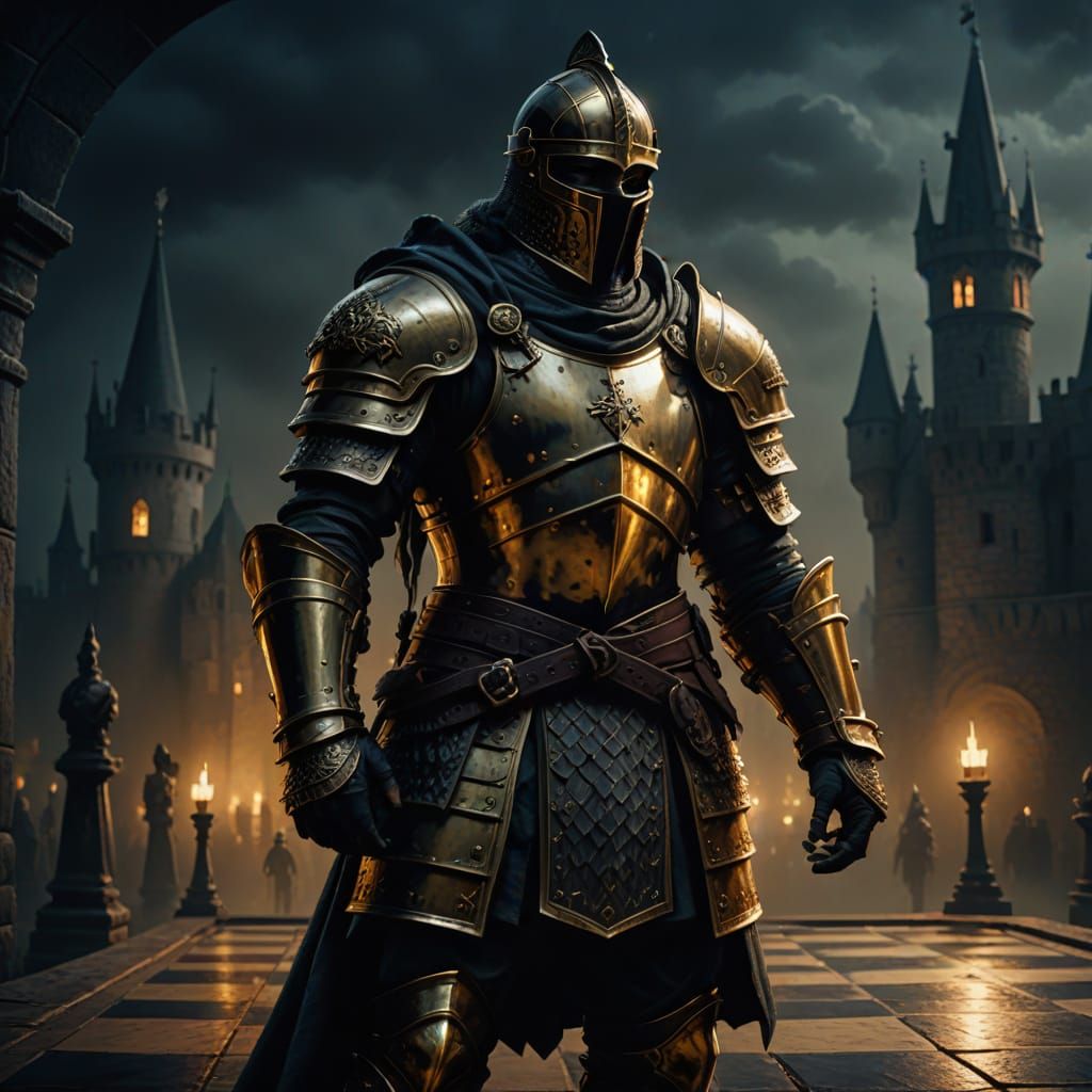 Medieval Warrior on Chessboard in Moody Oil Painting Style