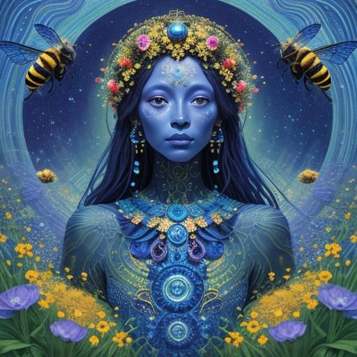 Blue Alien Goddess Portrait in Klimt Style