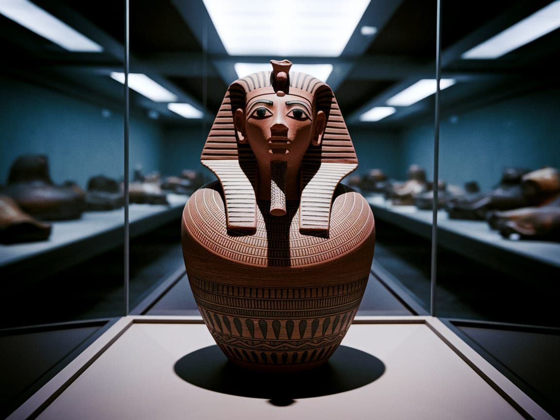 Egyptian Pottery in Museum: Cinematic Film Still