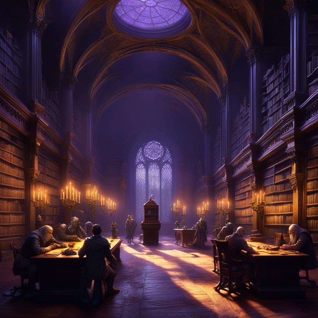 Eerie Figures Meeting in Old Library, Dark Fantasy Art