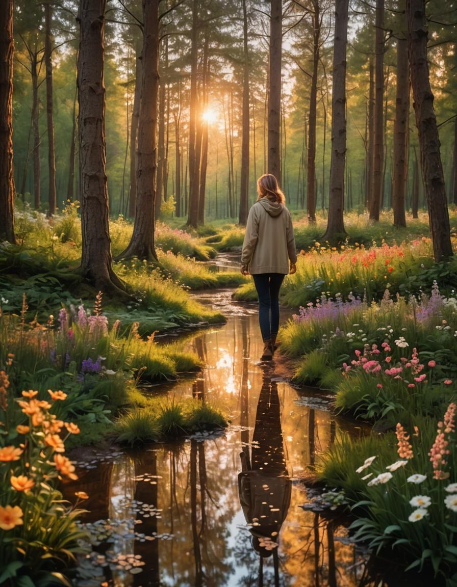 Woman Strolls Through Forest in Impressionist Style