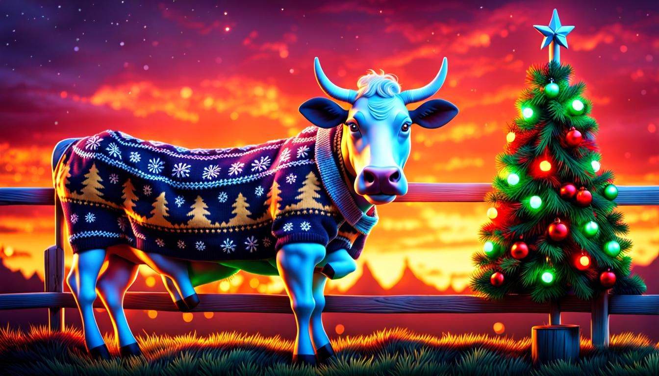 Cow in Christmas Sweater Decorating Fence