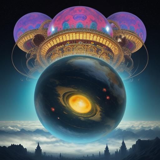 Floating City in Vibrant, Psychedelic Space