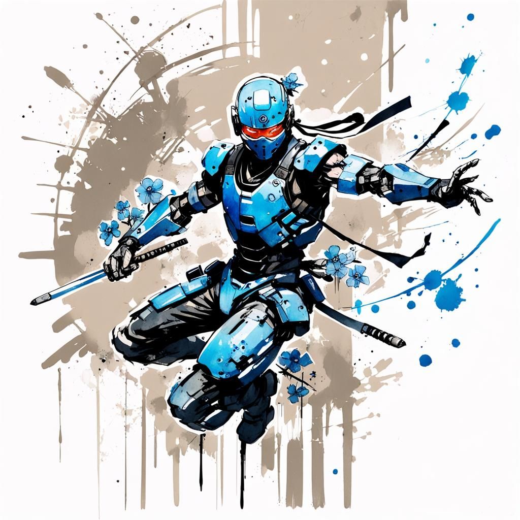 Cyborg Ninja Sketch with Watercolor Florals