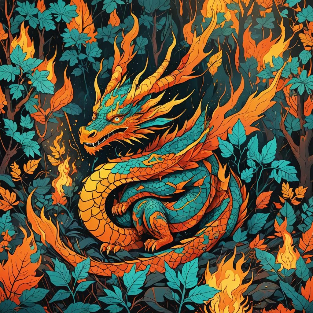 Dragon Sleeping in Forest Fire: Pop Art Screen Print