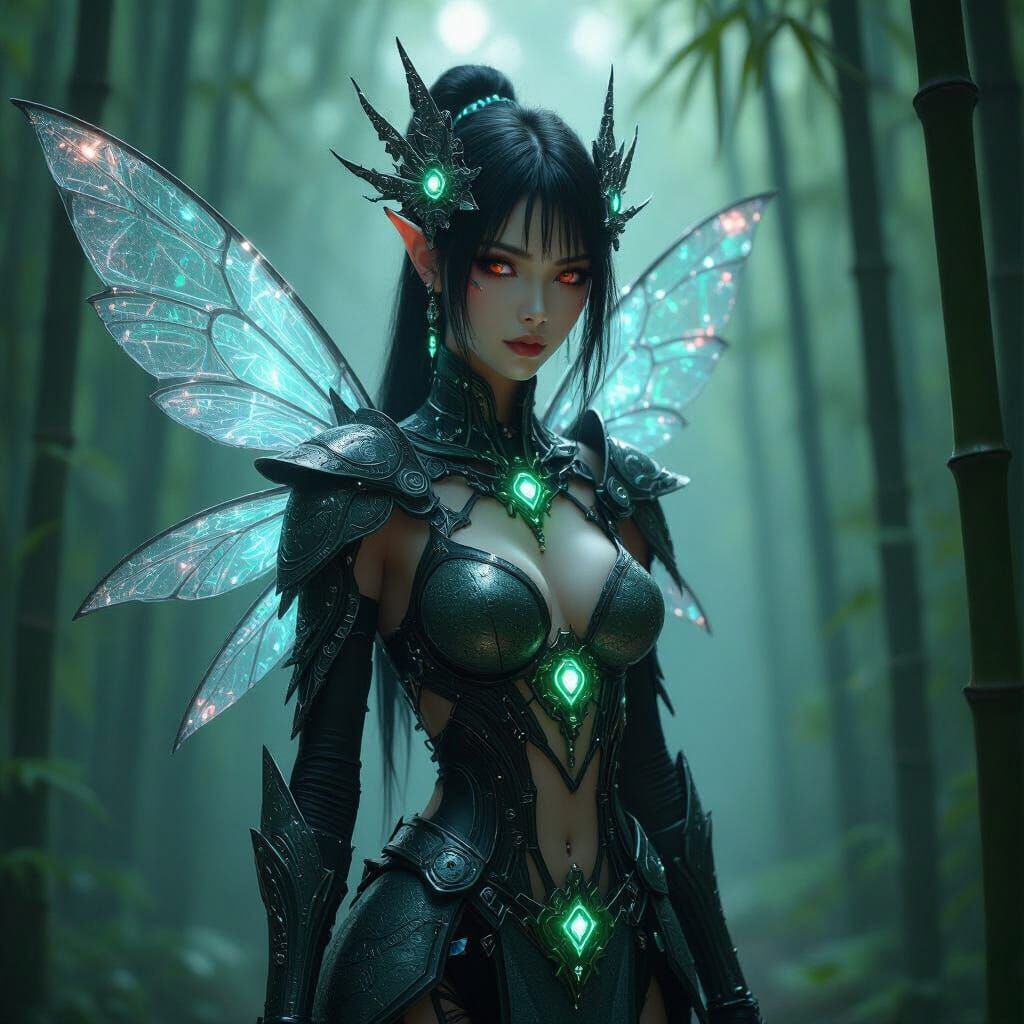 Anime art style. Extreme close-up shot. A biomechanical fairy with glowing runes etched into their crystalline clothes, ...