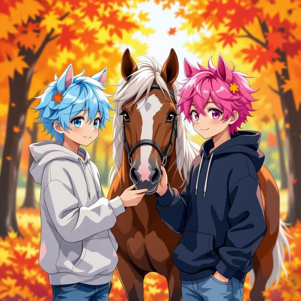 Anime Boys with Horse Ears Admire Autumn Scenery
