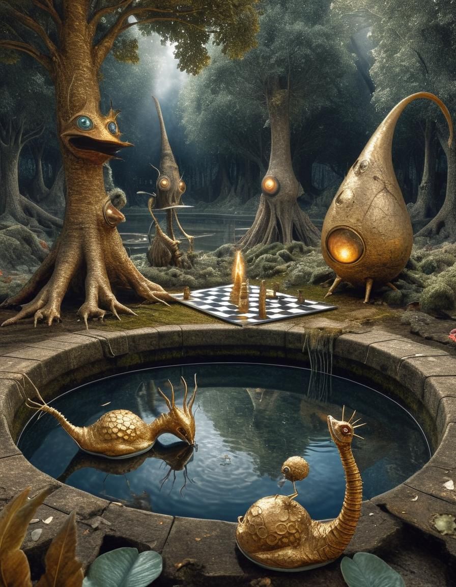 Biopunk Summer Landscape with Erupting Pond