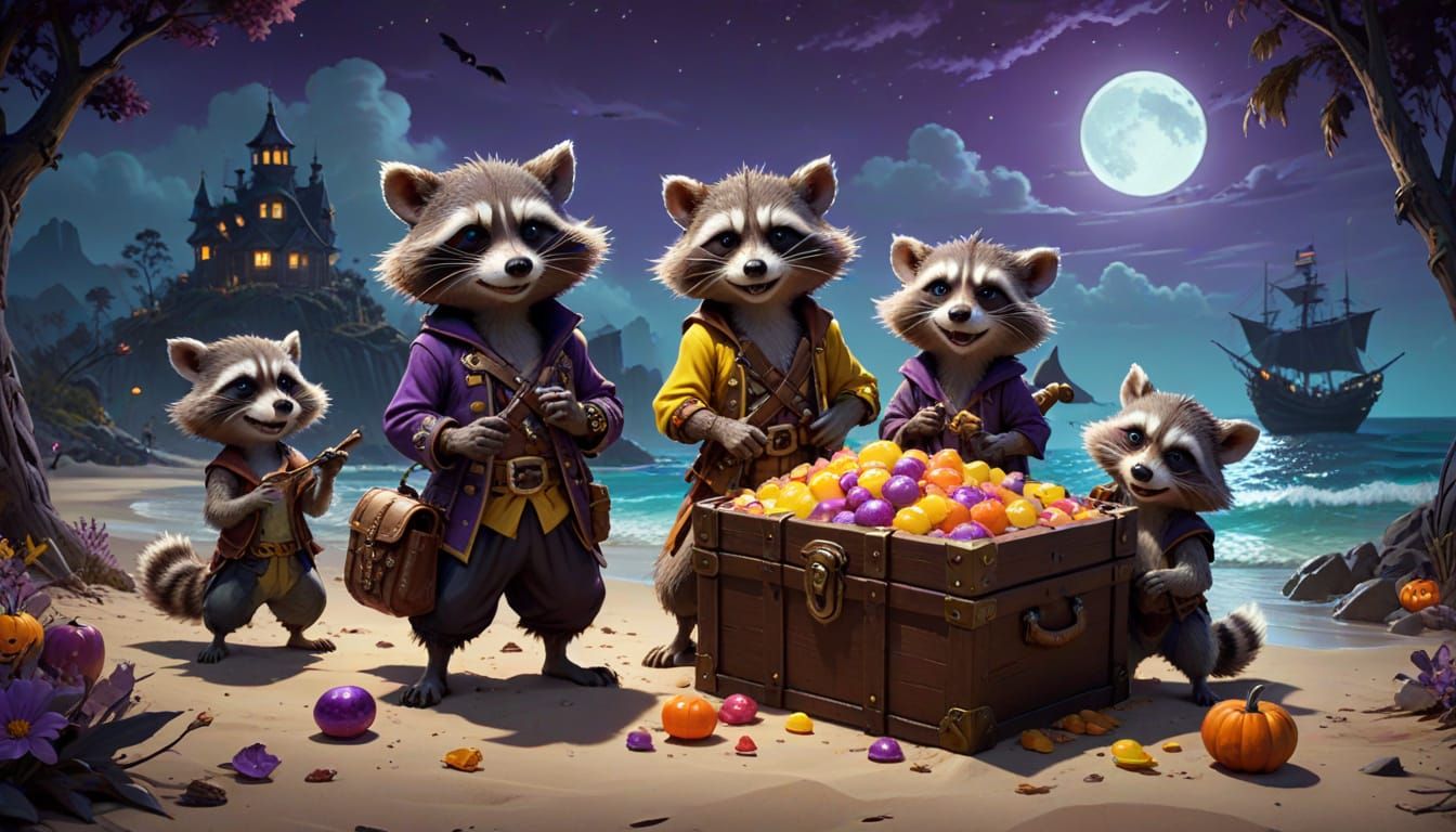 Pirate Raccoons Guarding Candy Treasure on Moonlit Beach