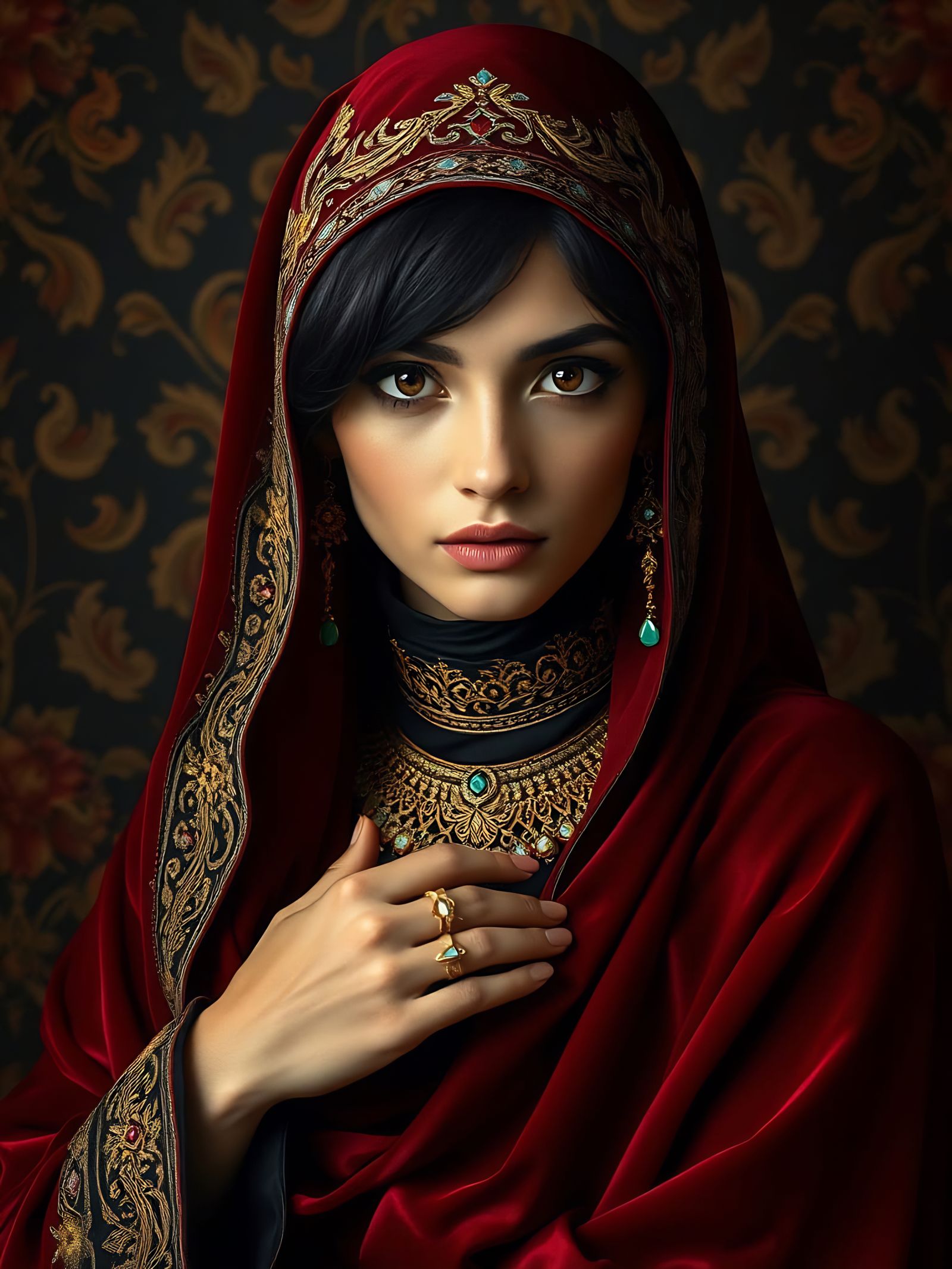 Regal Palestinian Beauty in Ottoman-Inspired Velvet Attire