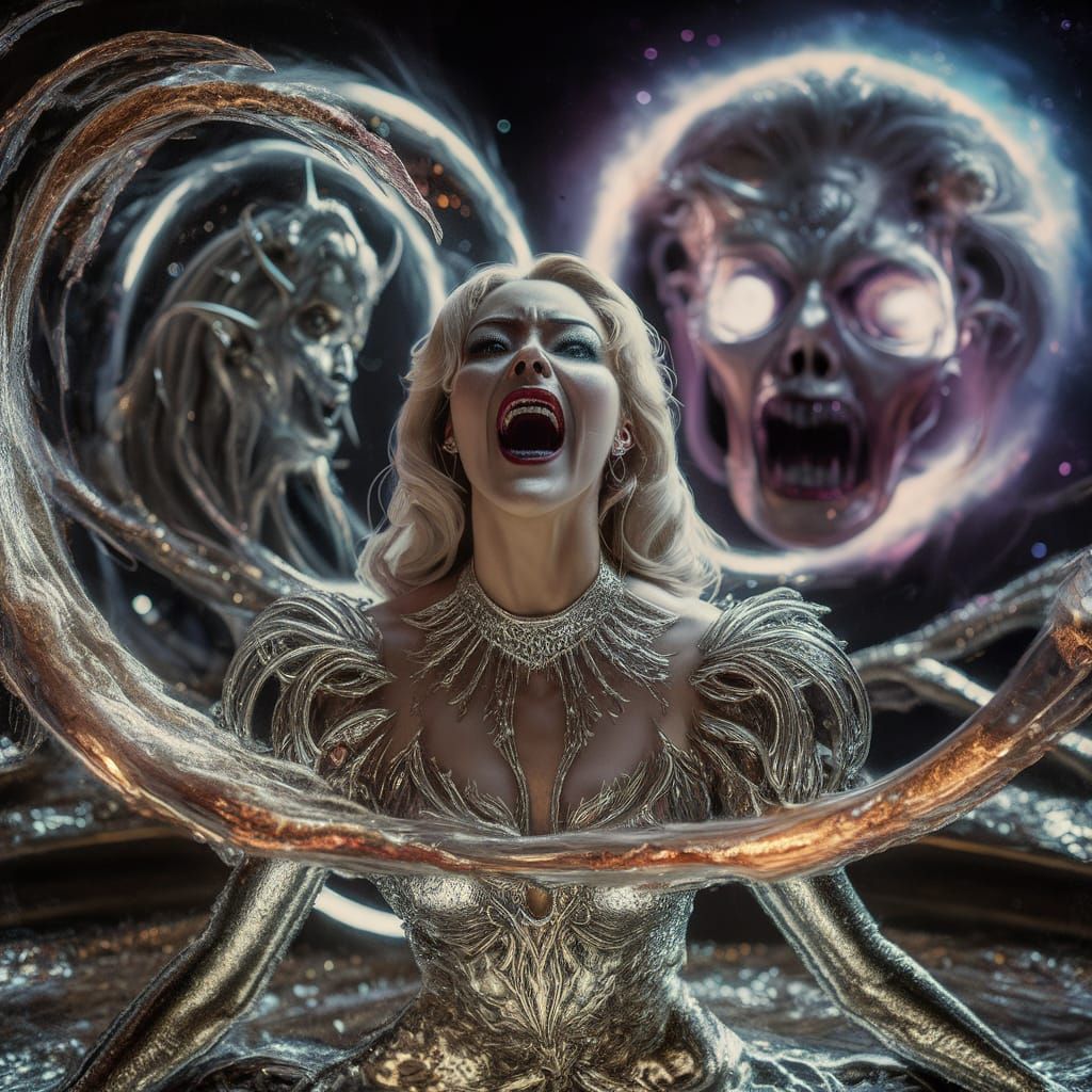 Metallic Gothic Woman Screaming into Cosmic Void