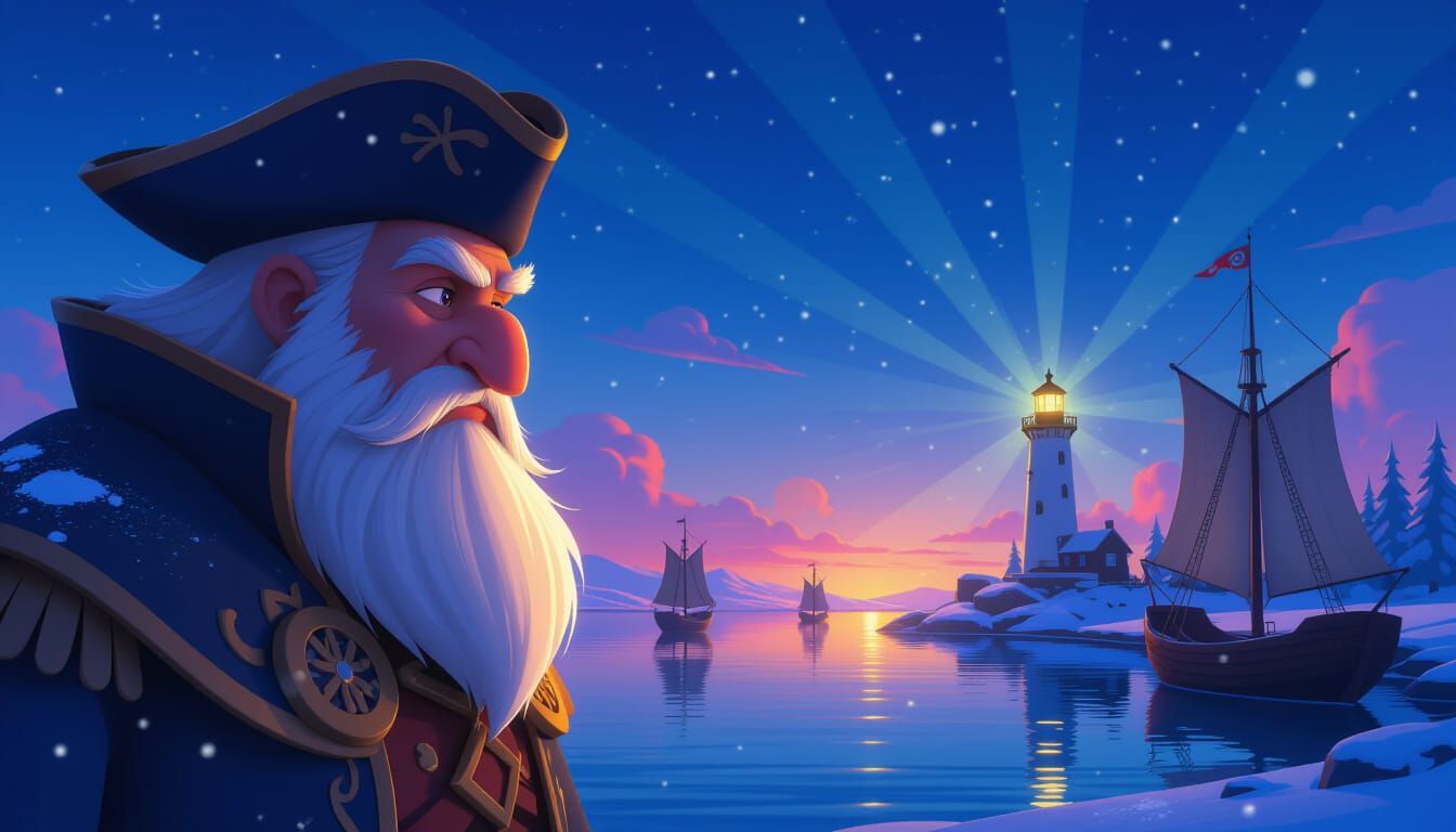 Yarl Watches Harbor as Snow Falls in 3D Concept Art Style