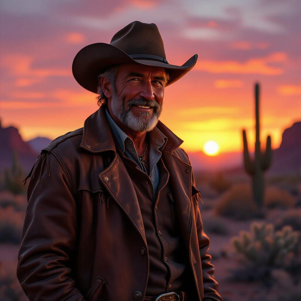 Cowboy Silhouette at Fiery Desert Sunset