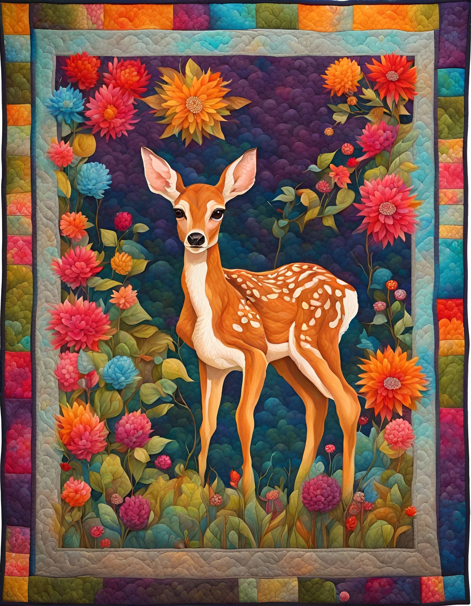 Detailed Fabric Quilt with Fawn Pattern