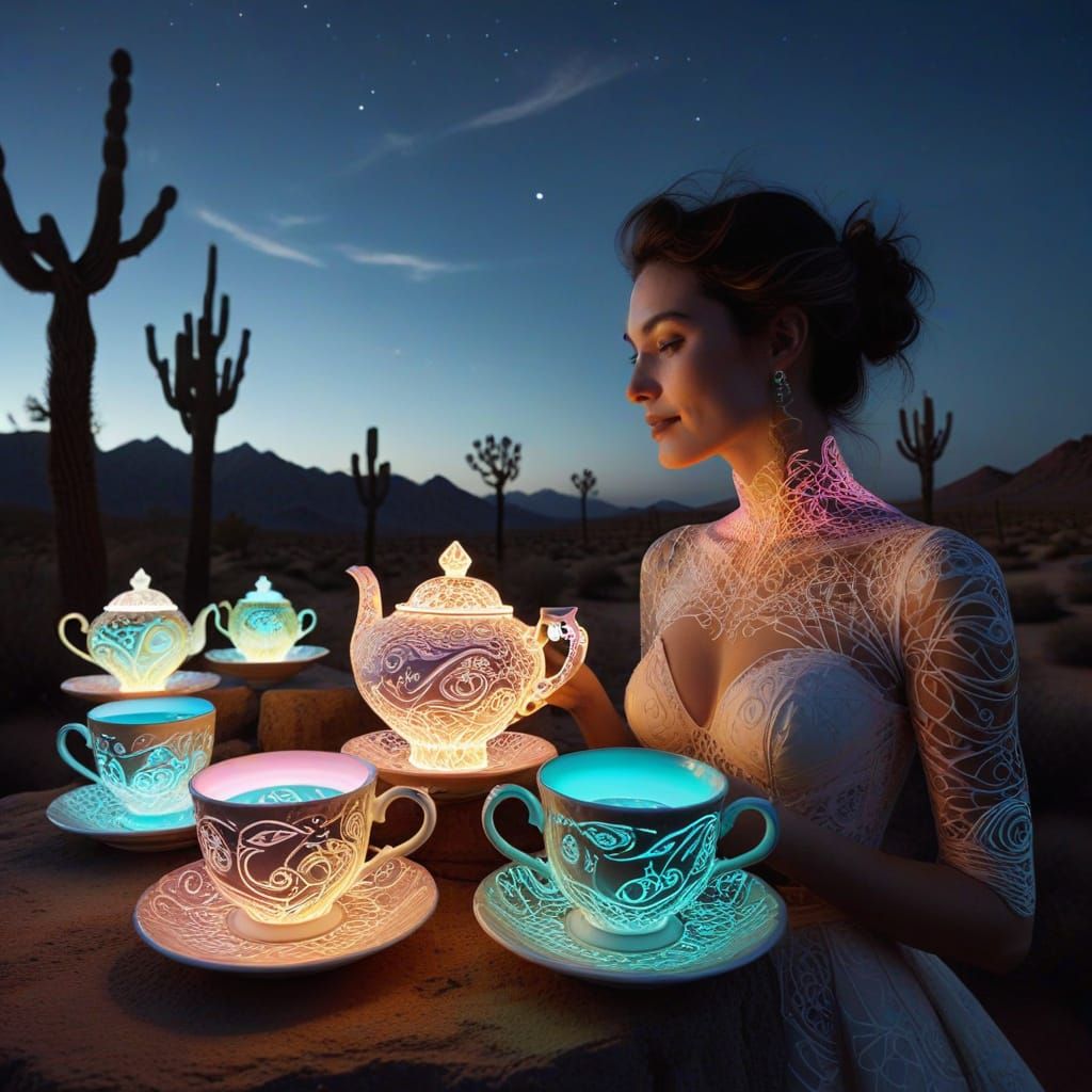 Surreal Desert Teacup Faces Under Neon Sky
