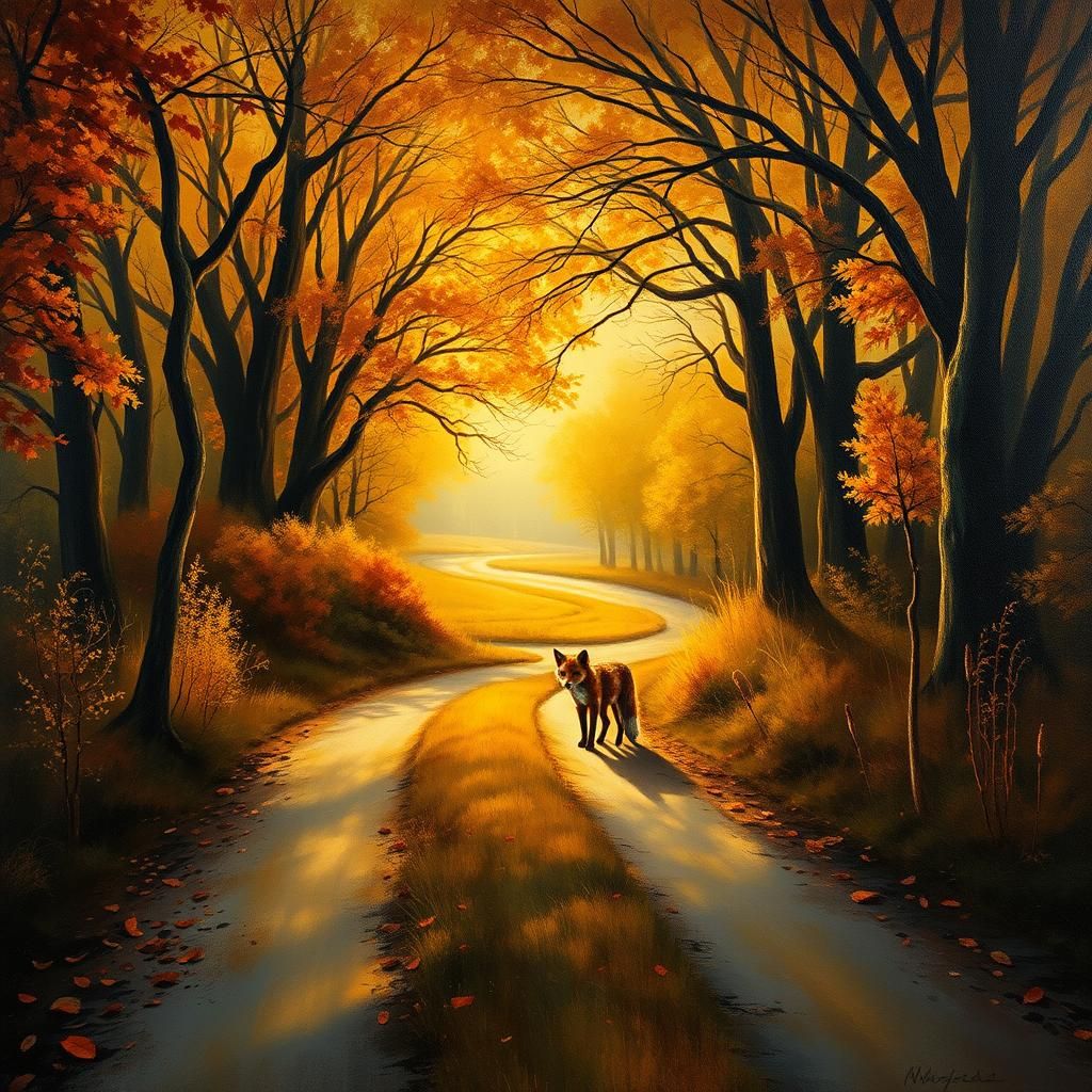 Fox on Country Lane in Autumn Colors