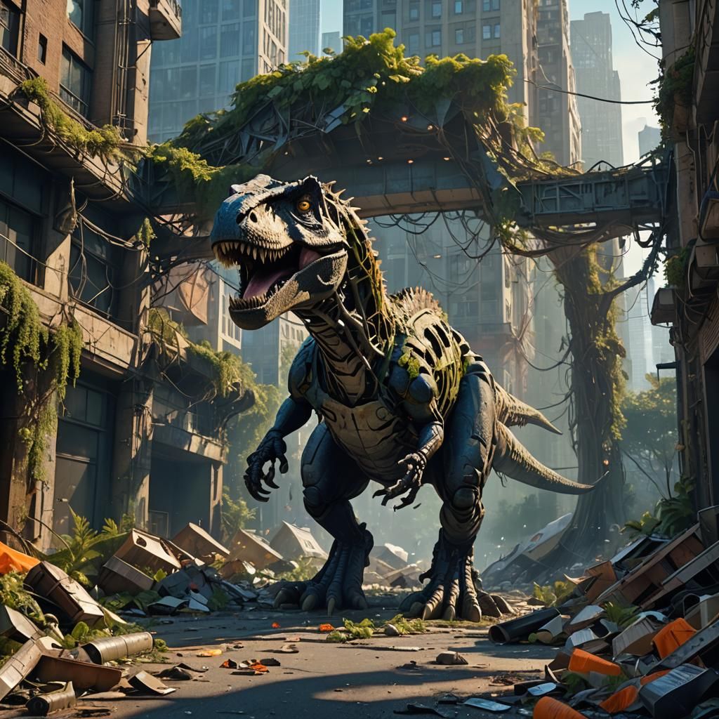 Dino Amidst Ruins in Post-Apocalyptic Cityscape