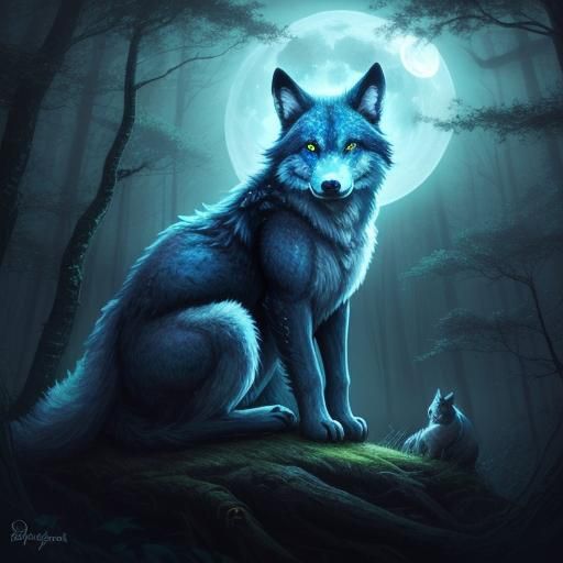 Wolf-Cat Hybrid in Moonlit Forest: Ethereal Wildlife Art
