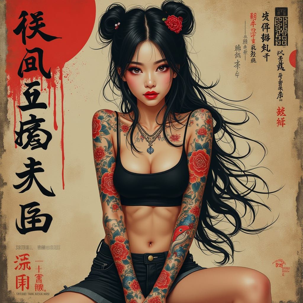 Woman in Japanese-Inspired Street Art Aesthetic with Intrica...