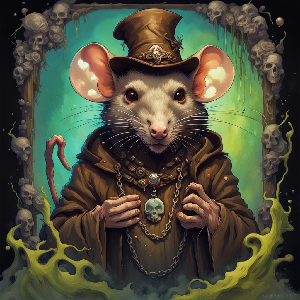 Anthropomorphic Rat Sorcerer in Mucha-Inspired Graffiti Art