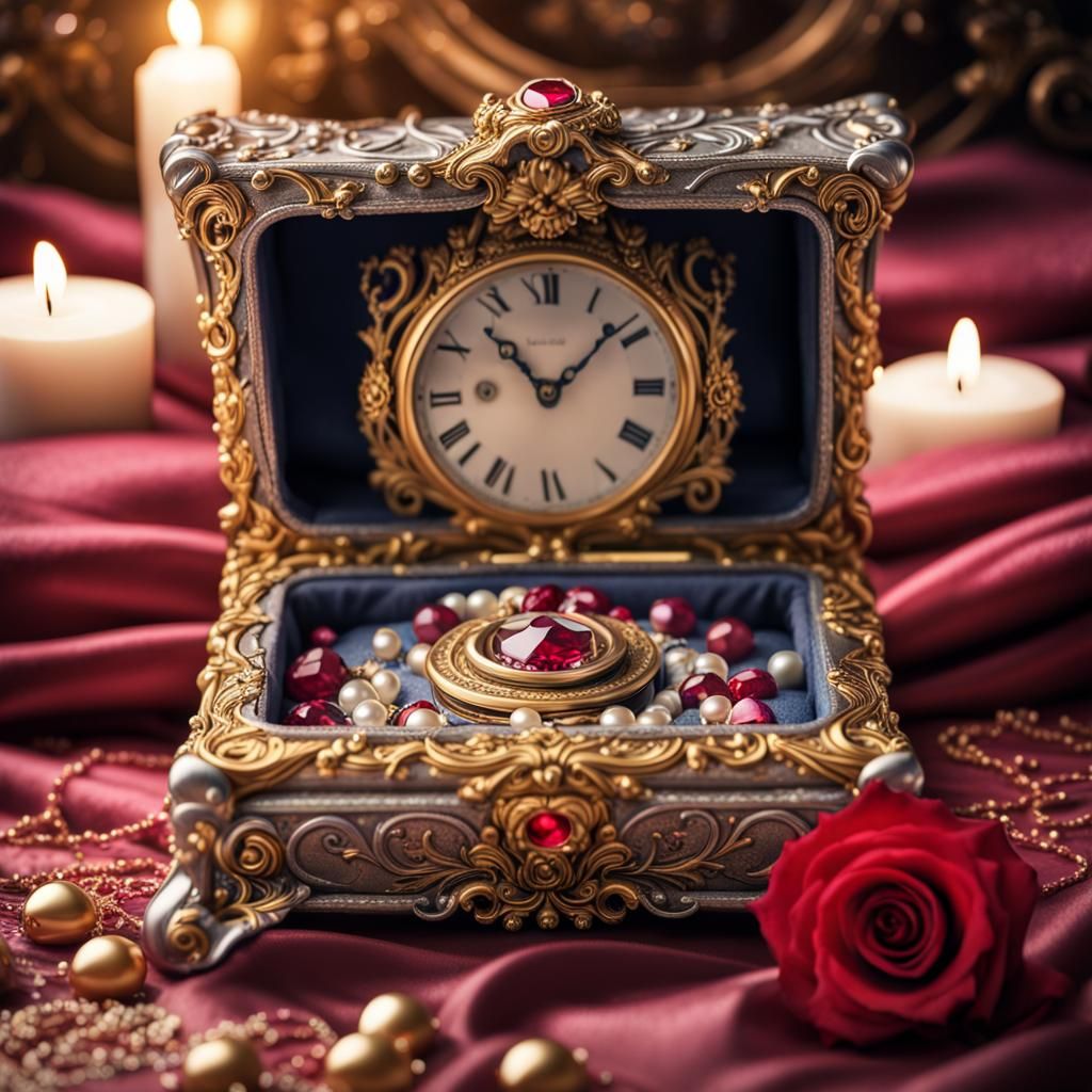 Baroque Box with Jeweled Watch: Hyperrealistic Photography
