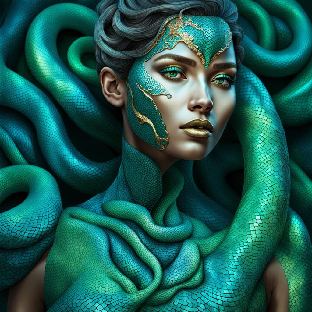 Woman Merges with Serpent in Surreal Digital Art
