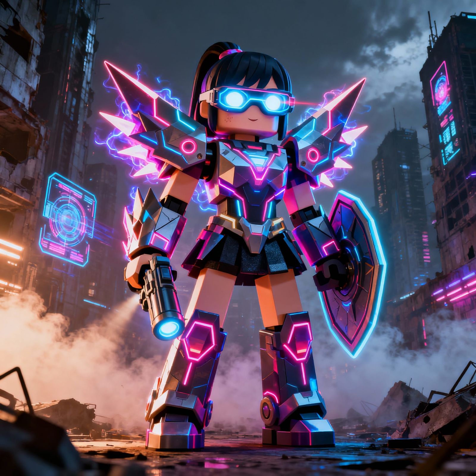 Roblox-Style Girl Warrior in Neon Armor