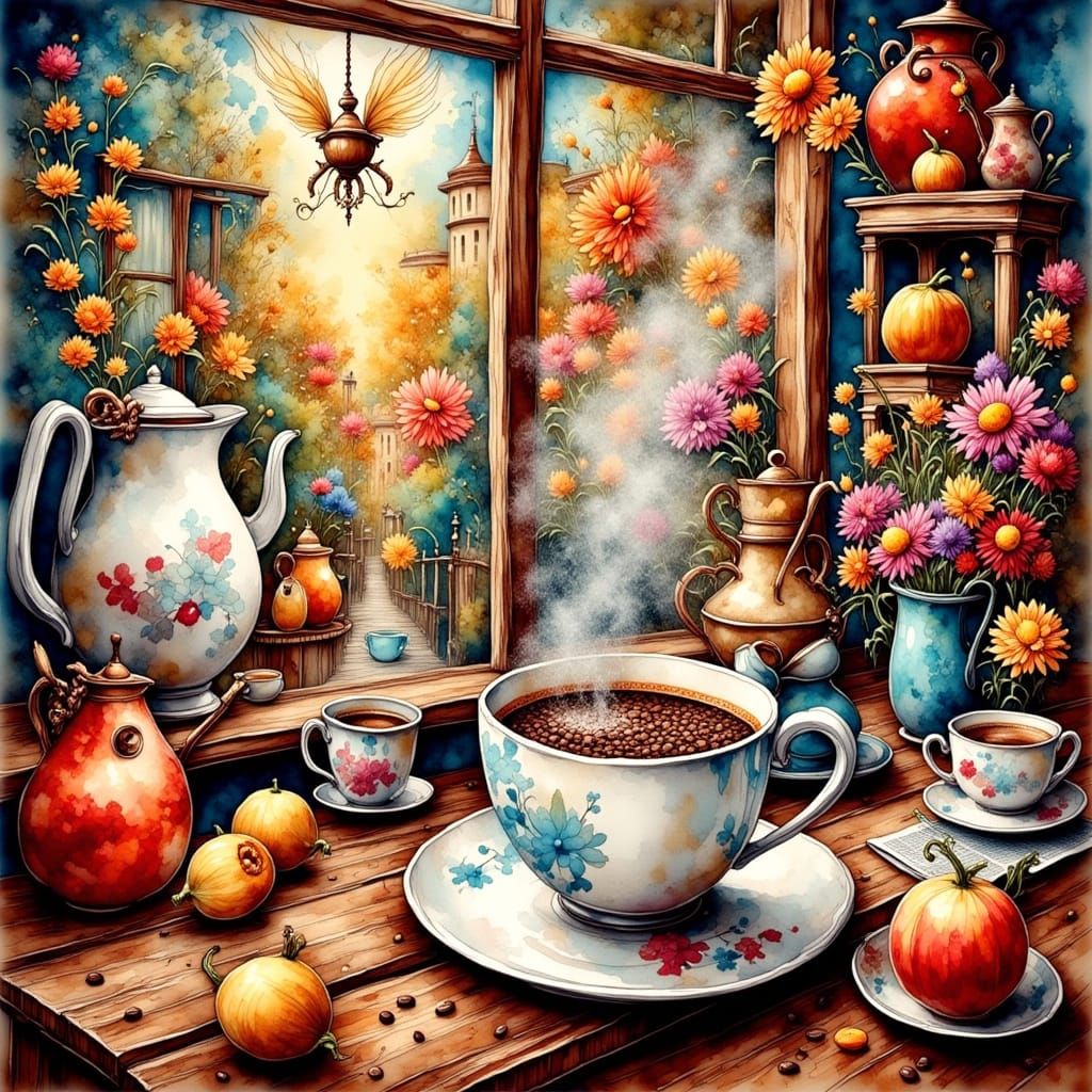 Whimsical Coffee Shop Scene in Vibrant Watercolor Style