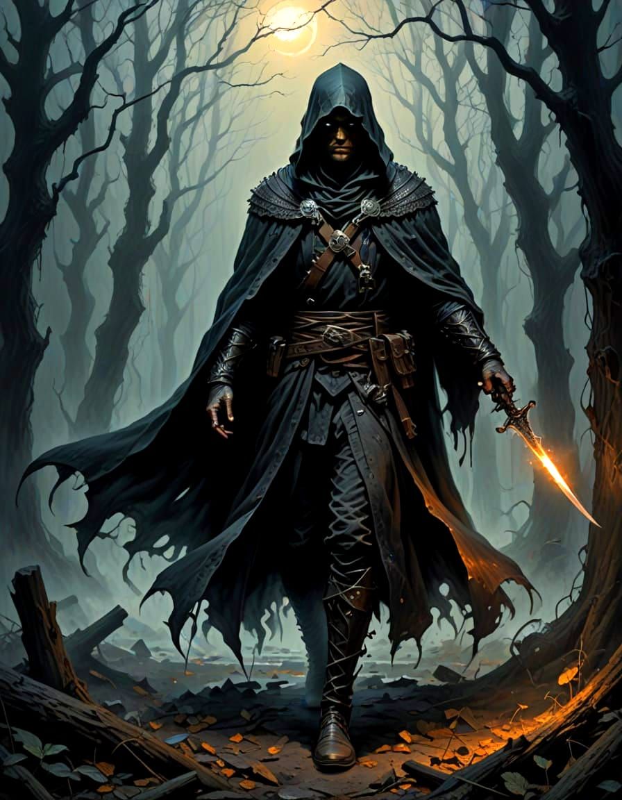 Mysterious Shadow Assassin Unveiled in Dark Fantasy Oil Pain...