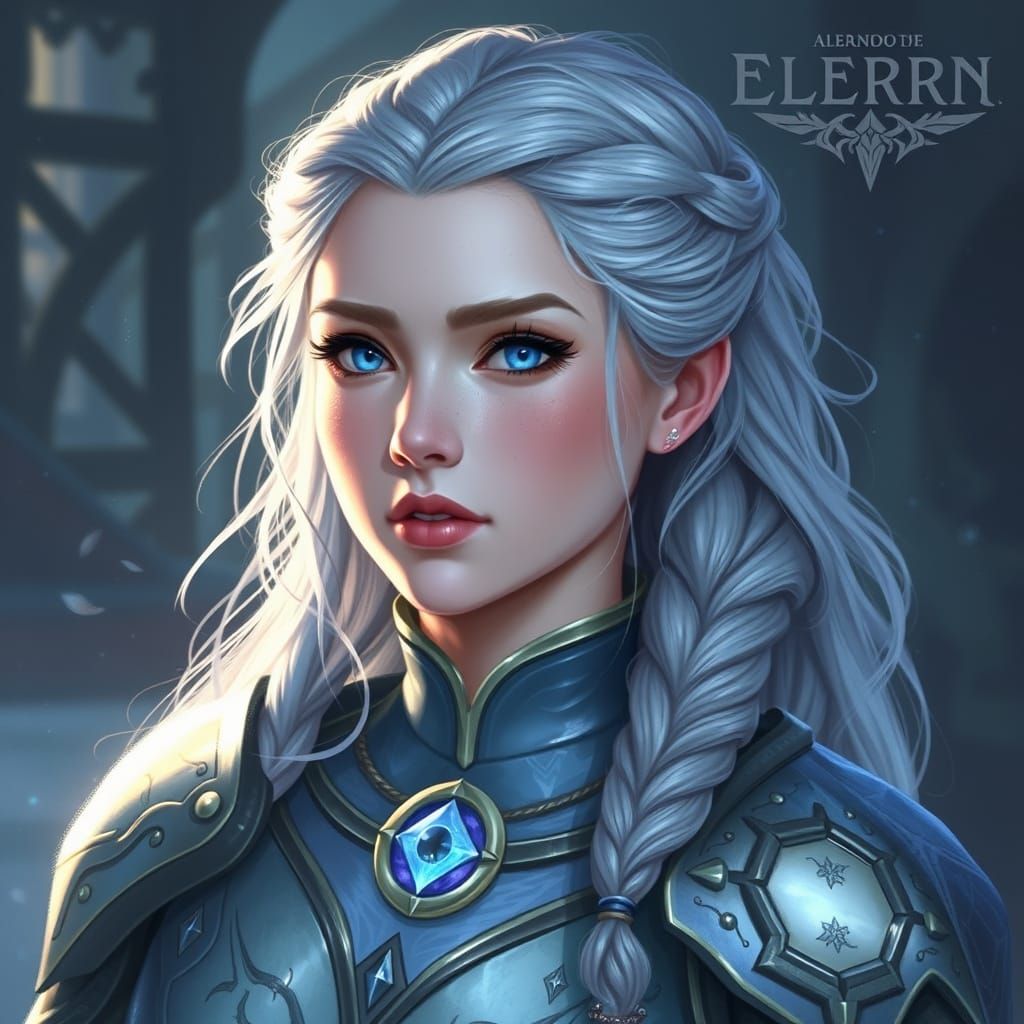 A Young Snow Elf Heir in Winter Regalia with Lavender Eyes