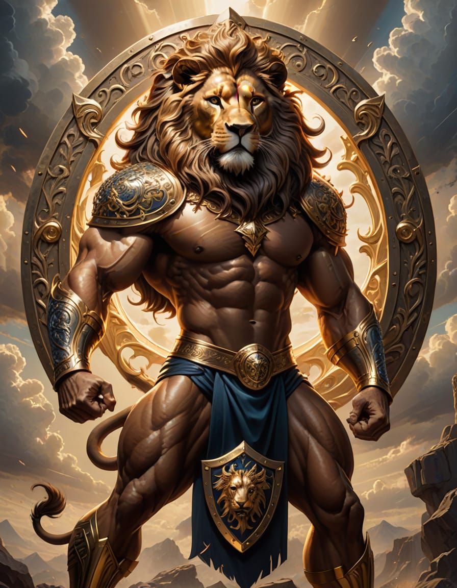 Strong Heroic Figure Holding Ornate Heraldic Shield