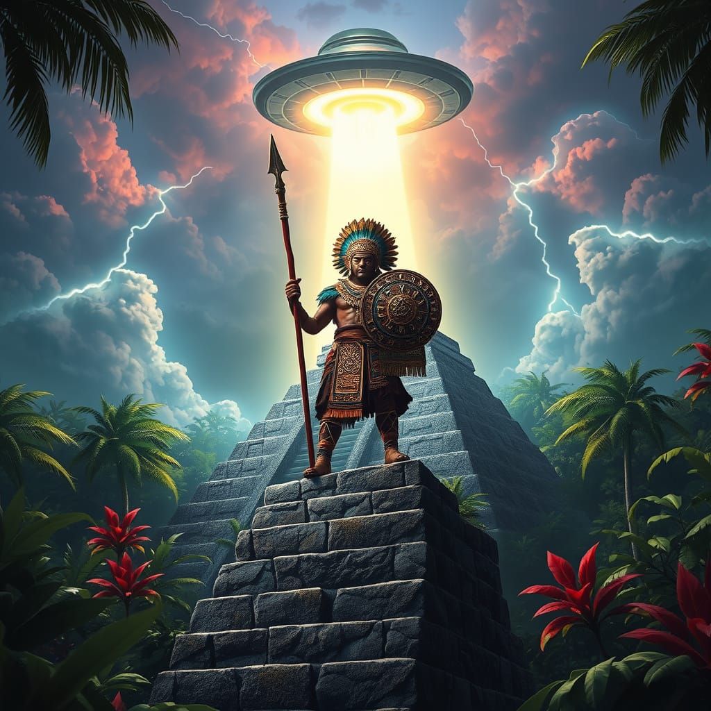 Aztec Warrior Confronts Ancient UFO in Vibrant Jungle Scene