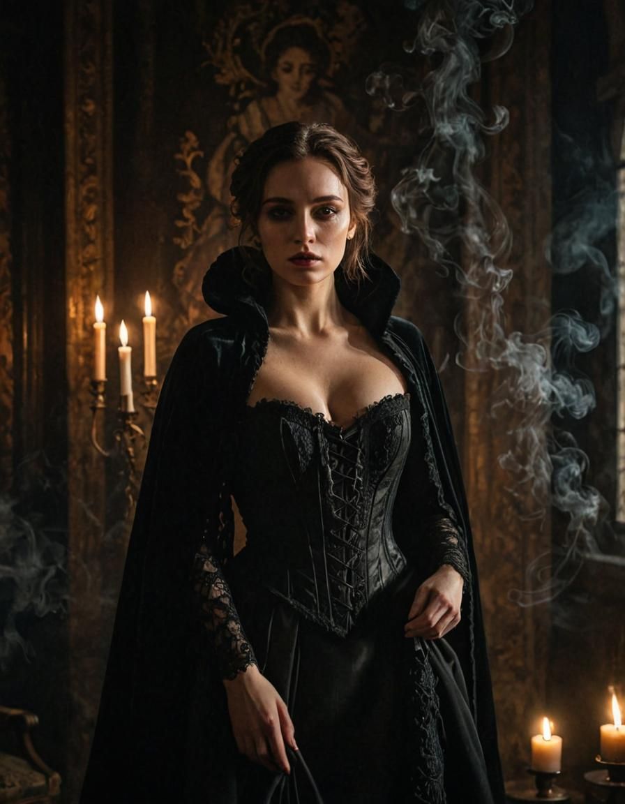 Mysterious Woman in Smoke-Filled Chamber with Rembrandt Ligh...