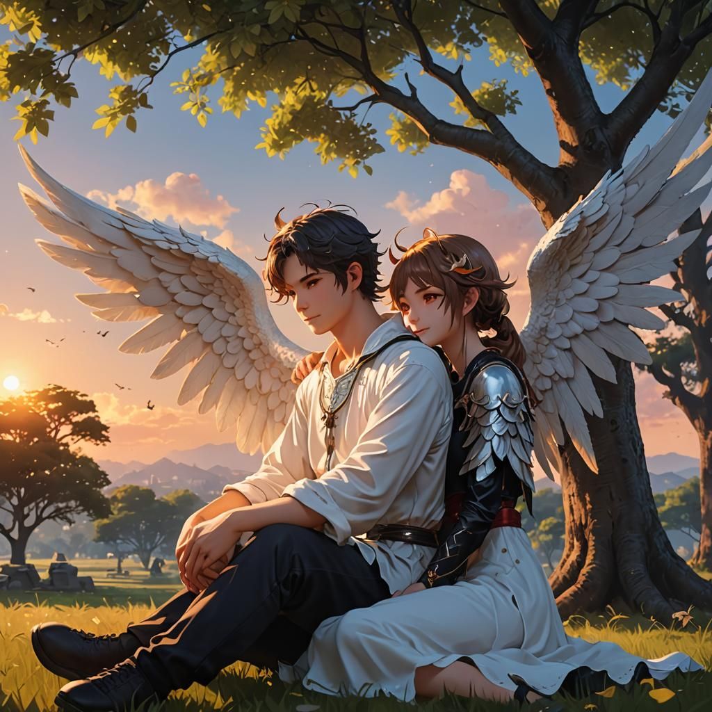 Angel and Demon Sunset Portrait in Anime Style