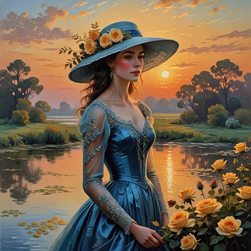 Impressionist Portrait of a Woman in Blue Gown