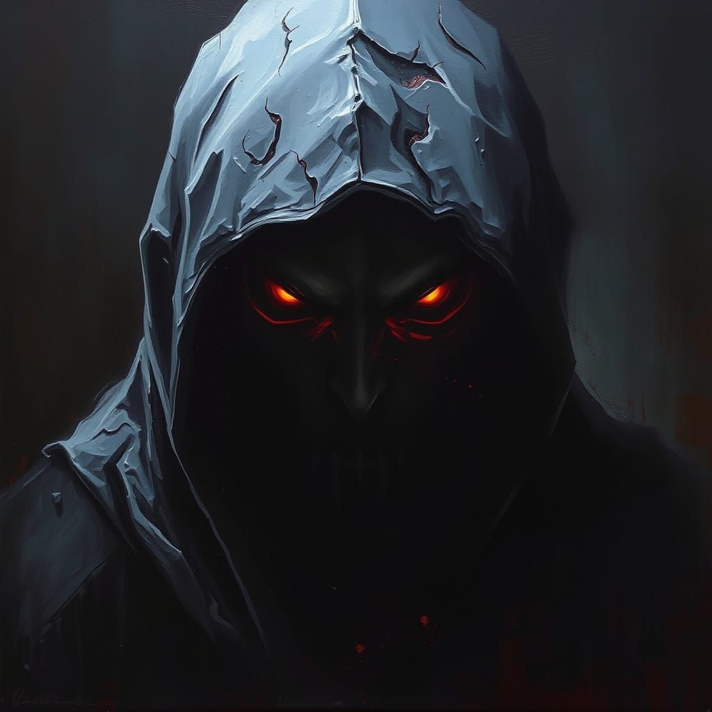 Sinister Figure With Glowing Eyes in Dramatic Darkness