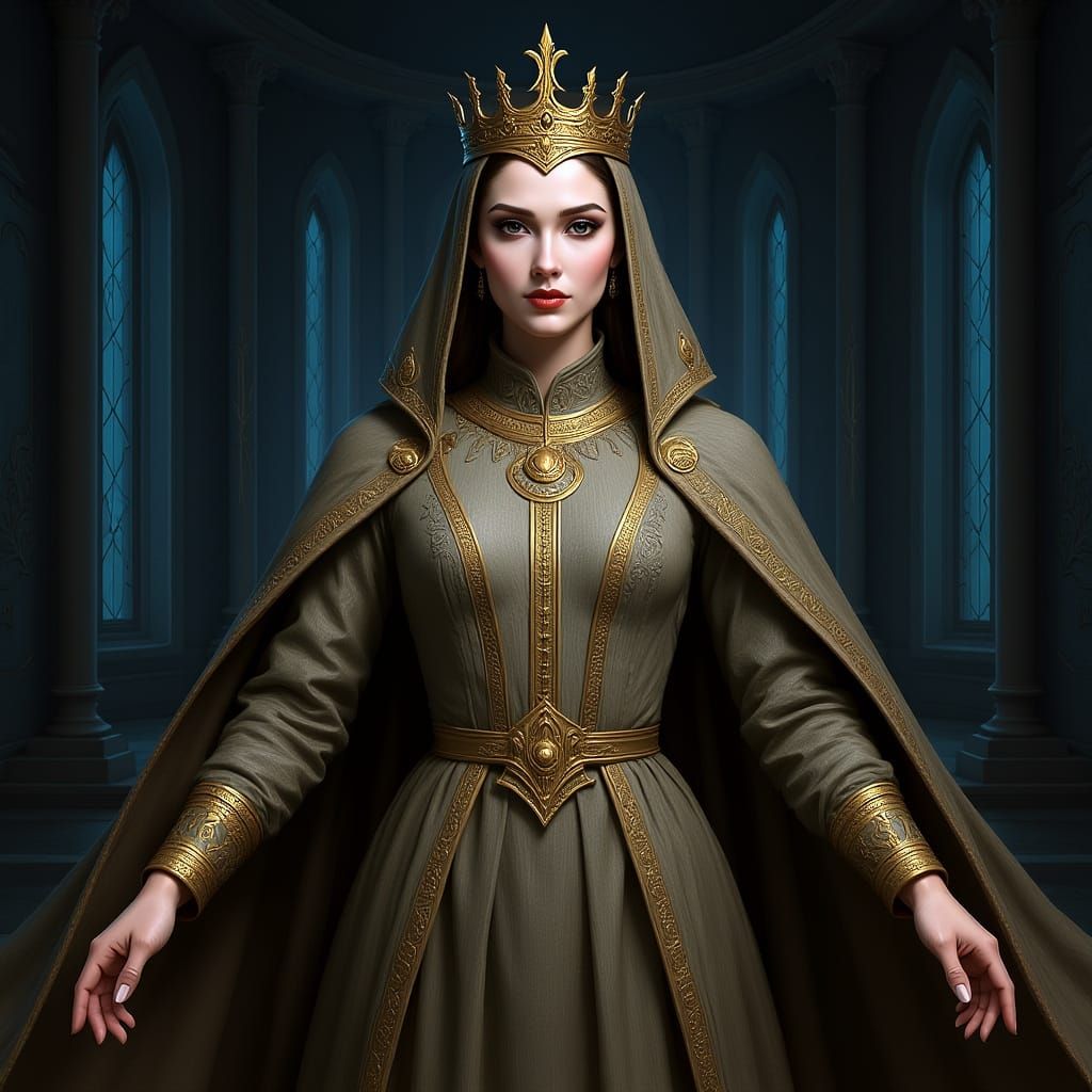 Futuristic Queen Portrait in Opulent Royal Garments