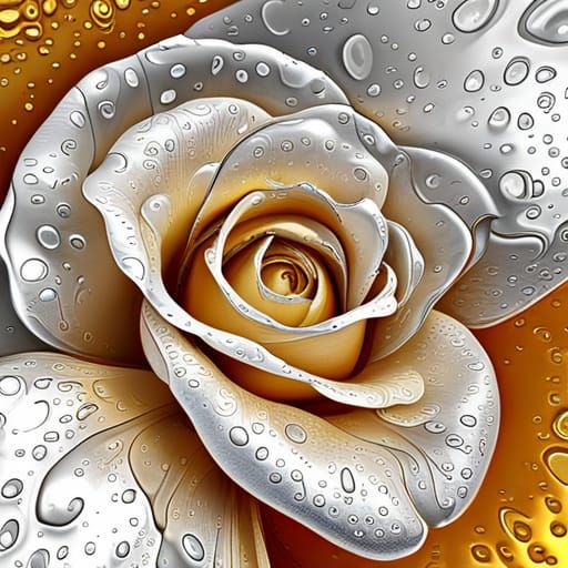 Silver and Gold Rose Macro in Detailed Digital Art