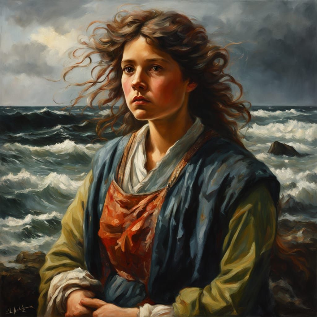 Art Nouveau Fisherwoman on Rocky Shore