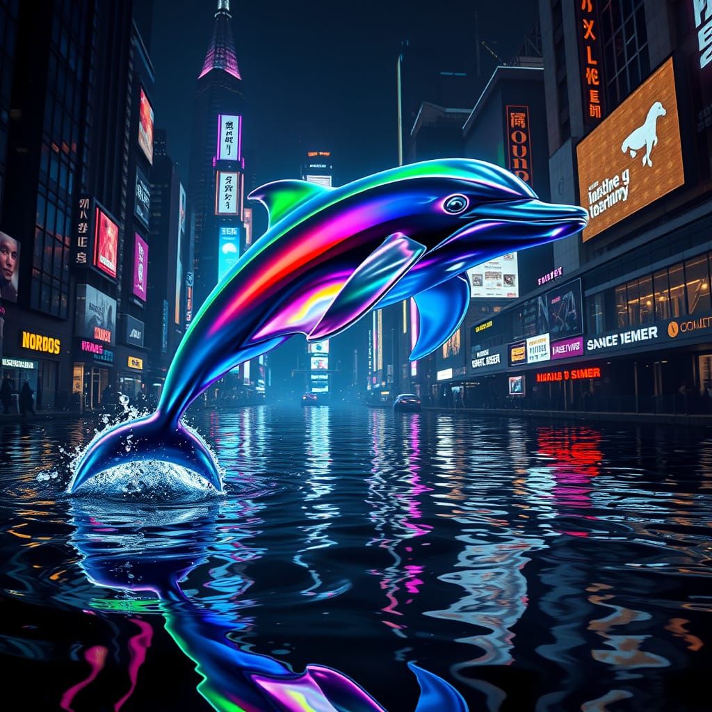 Cyberpunk Space Dolphin Leaps Through Neon Cityscape