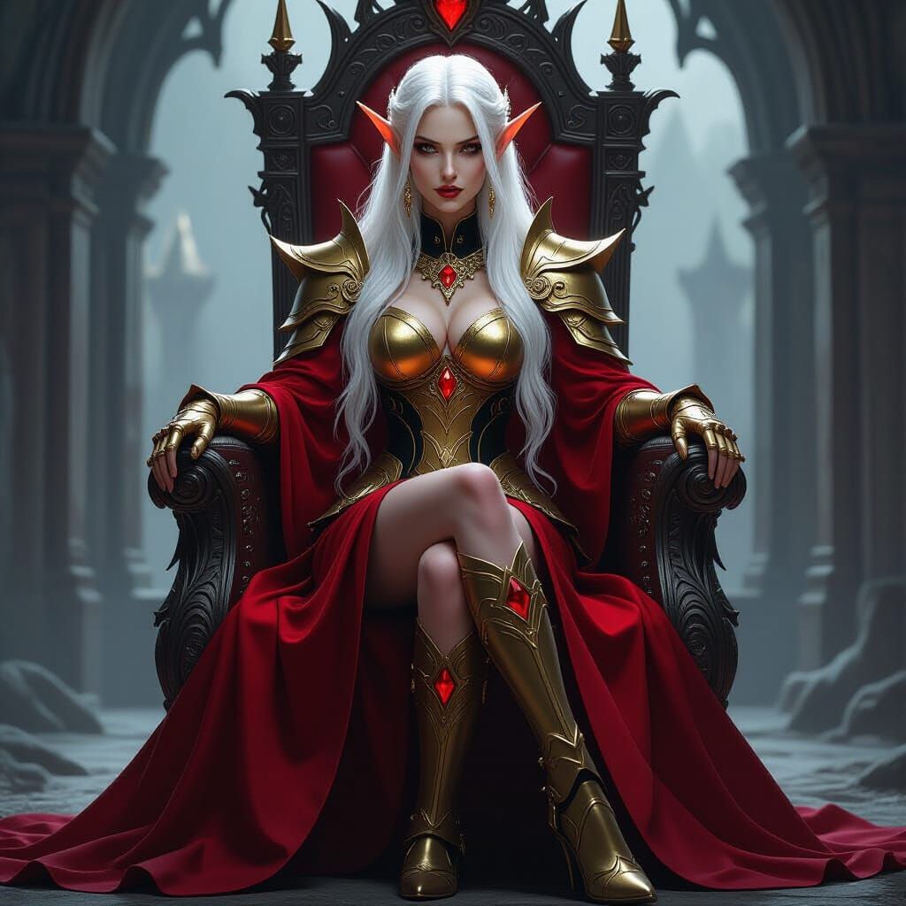 Elven Queen on Gothic Throne with Golden Aura