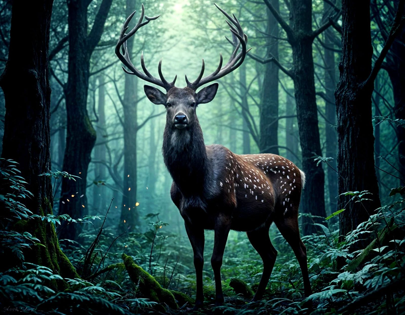Mystical Forest Drawing of Melanistic Alpha Deer