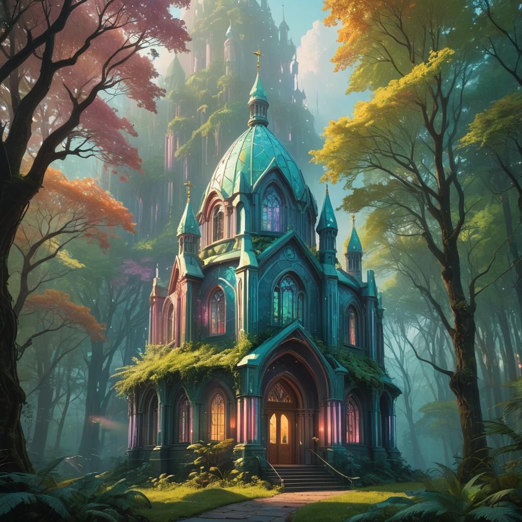 Glowing Shell Chapel in Lush Fantasy Landscape