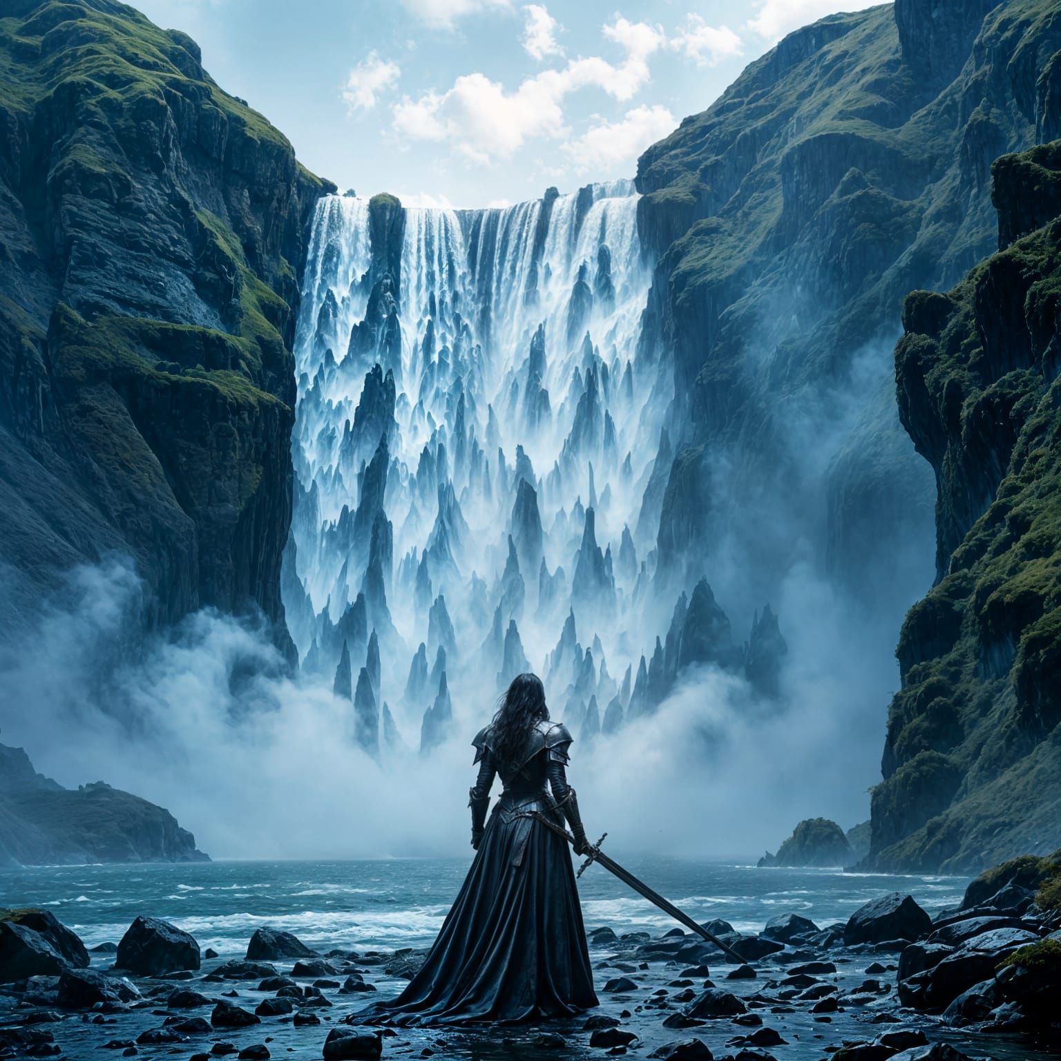 Epic Knight Silhouette Against Colossal Waterfall