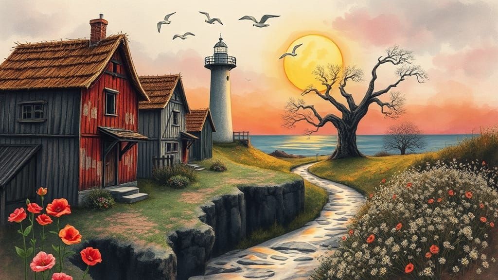 Surreal Path to Hell: Naive Watercolor Illustration