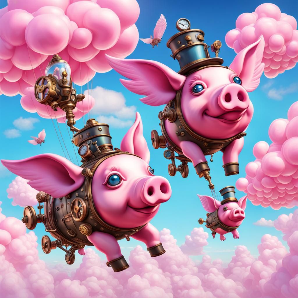 Steampunk Flying Pigs in Candy Art Style